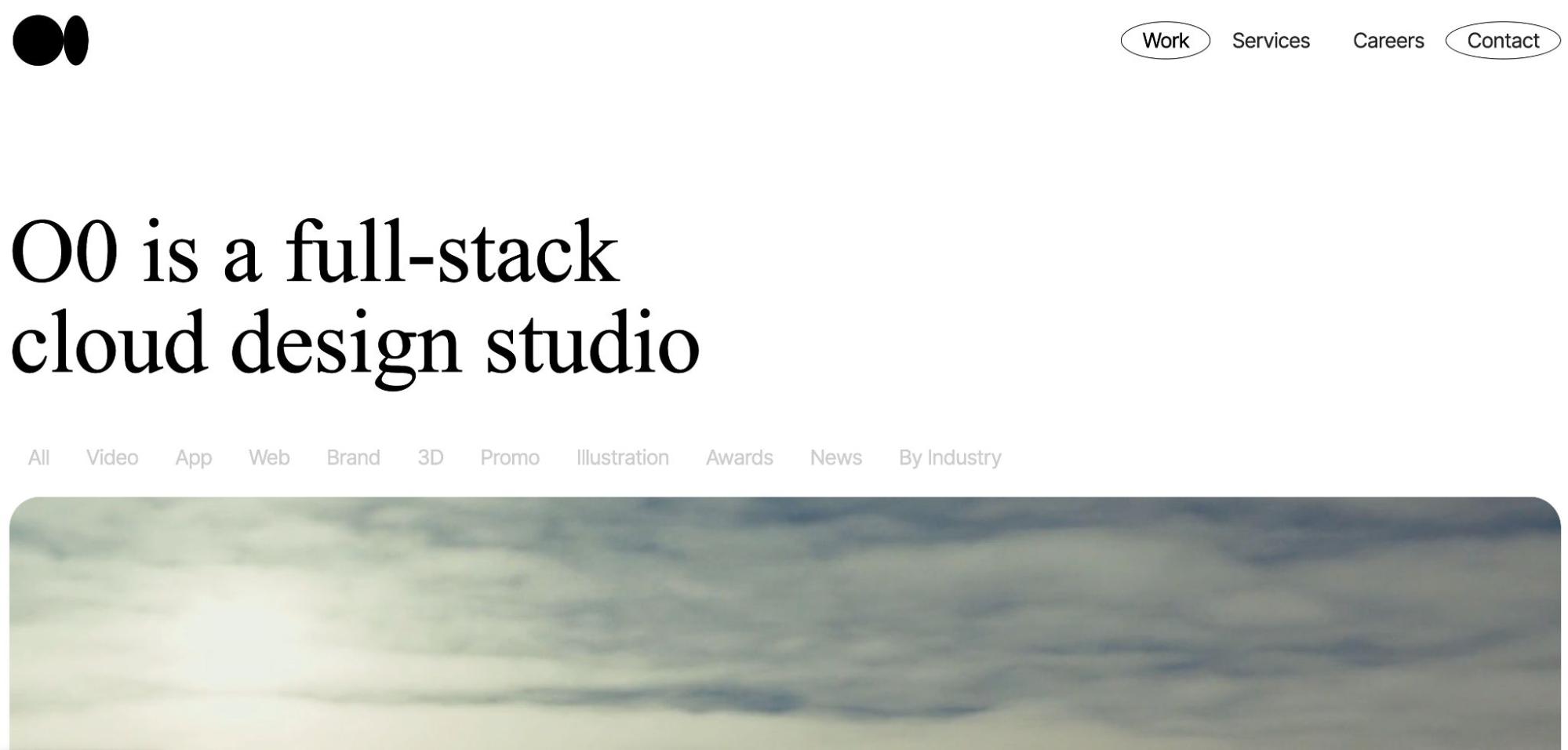 O0 Design homepage, menu items written in Inter font