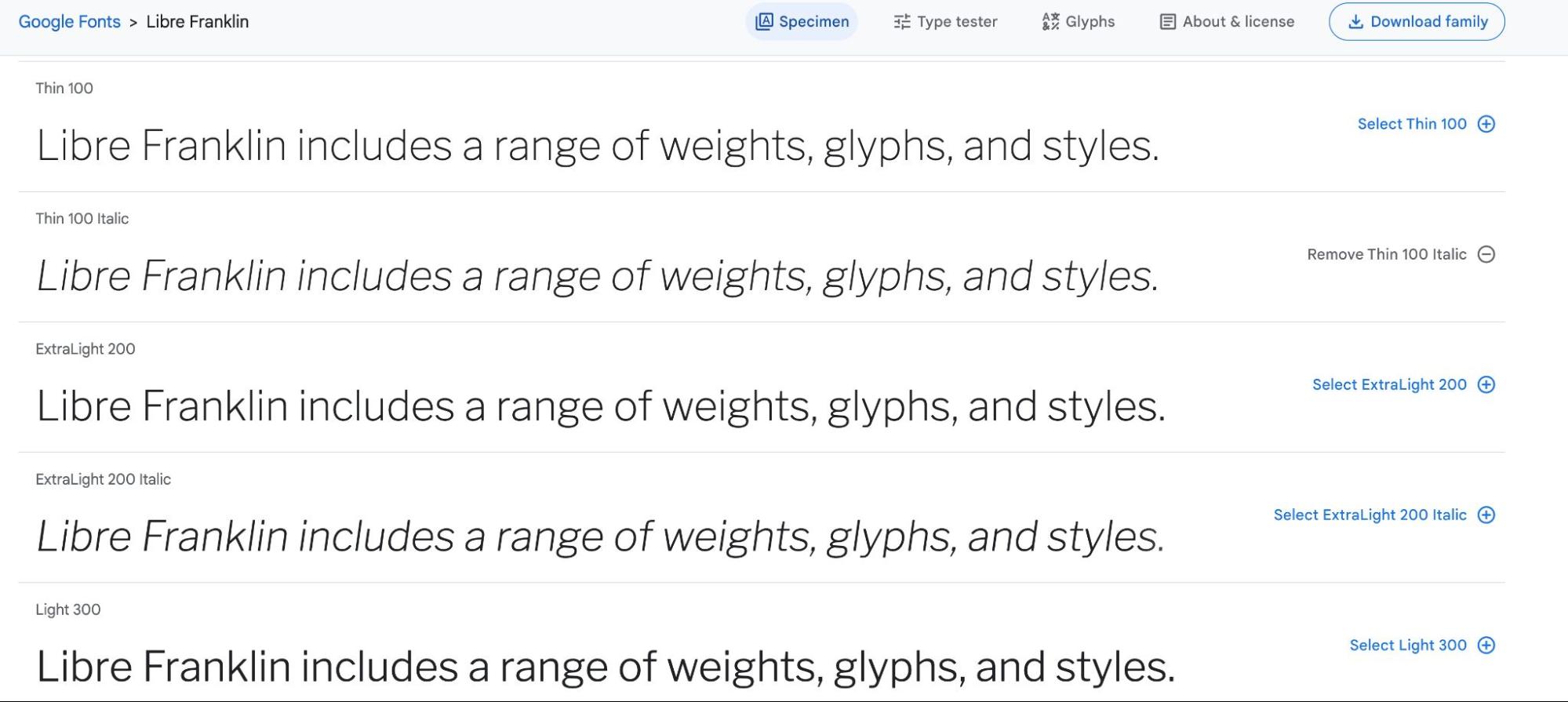 Text “Libre Franklin includes a range of weights, glyphs, and styles” shown in different Libre Franklin styles on Google Fonts.