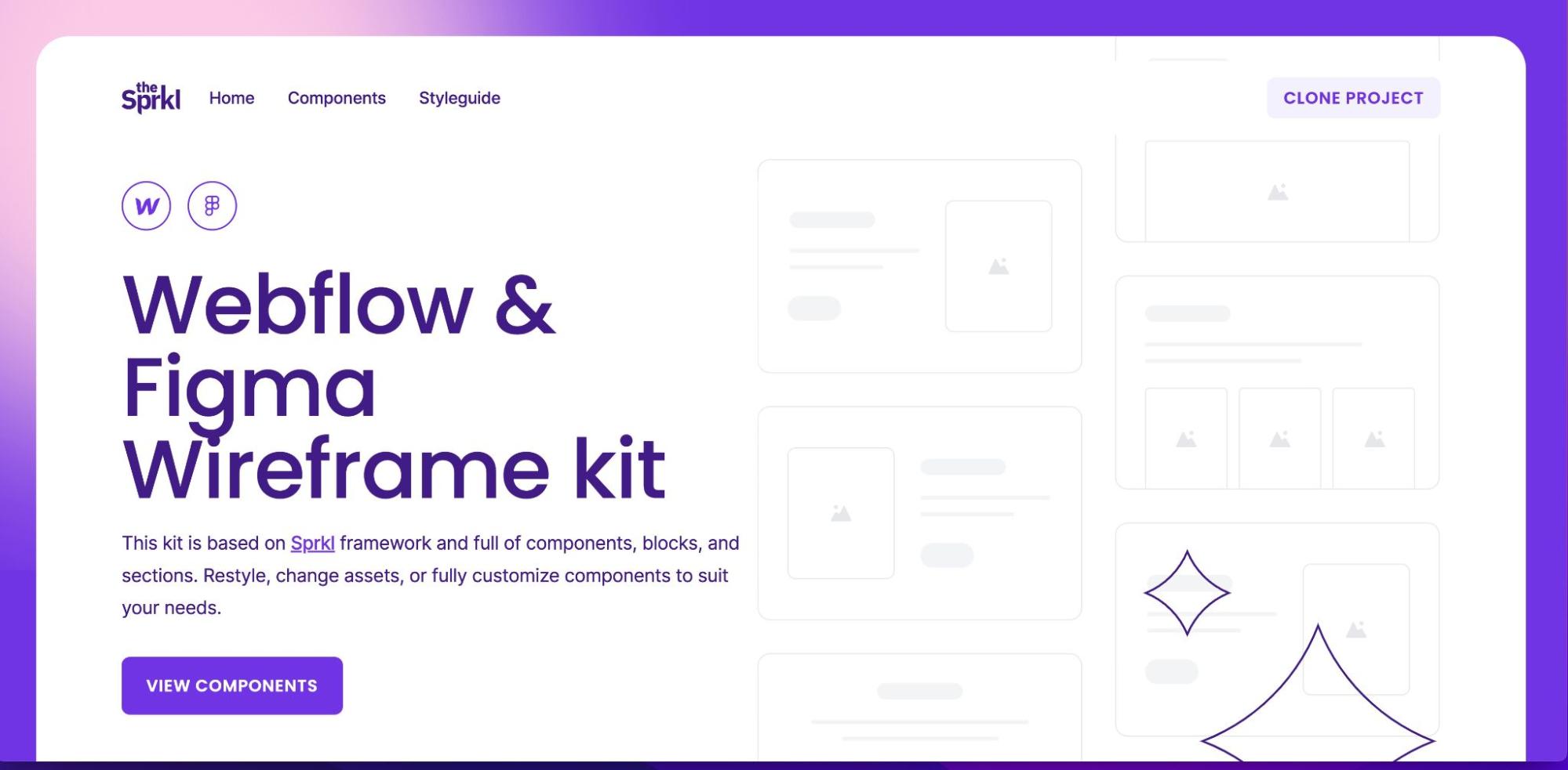 The Sprkl Webflow & Figma Wireframe Kit, Poppins font used for headlines and buttons