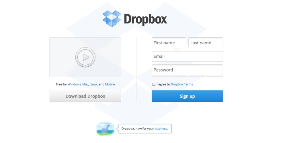 dropbox landing page