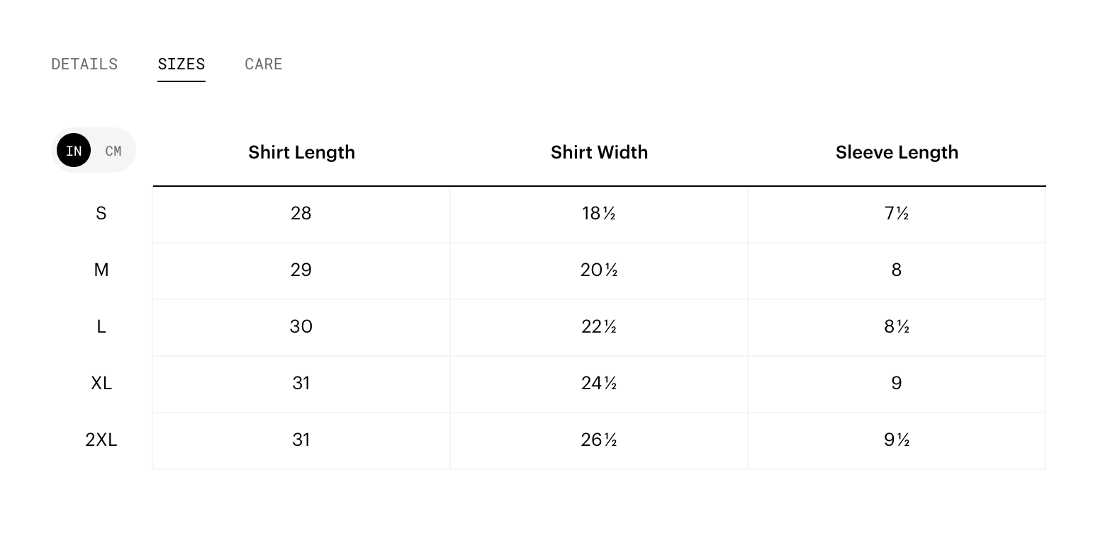 table showing shirt size in length, width, and sleeve length to show an example of how we built a table with flexbox.