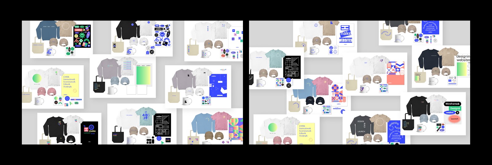 Images of different styles of shirts, sweatshirts, hats, and posters that we explored for the merch store.