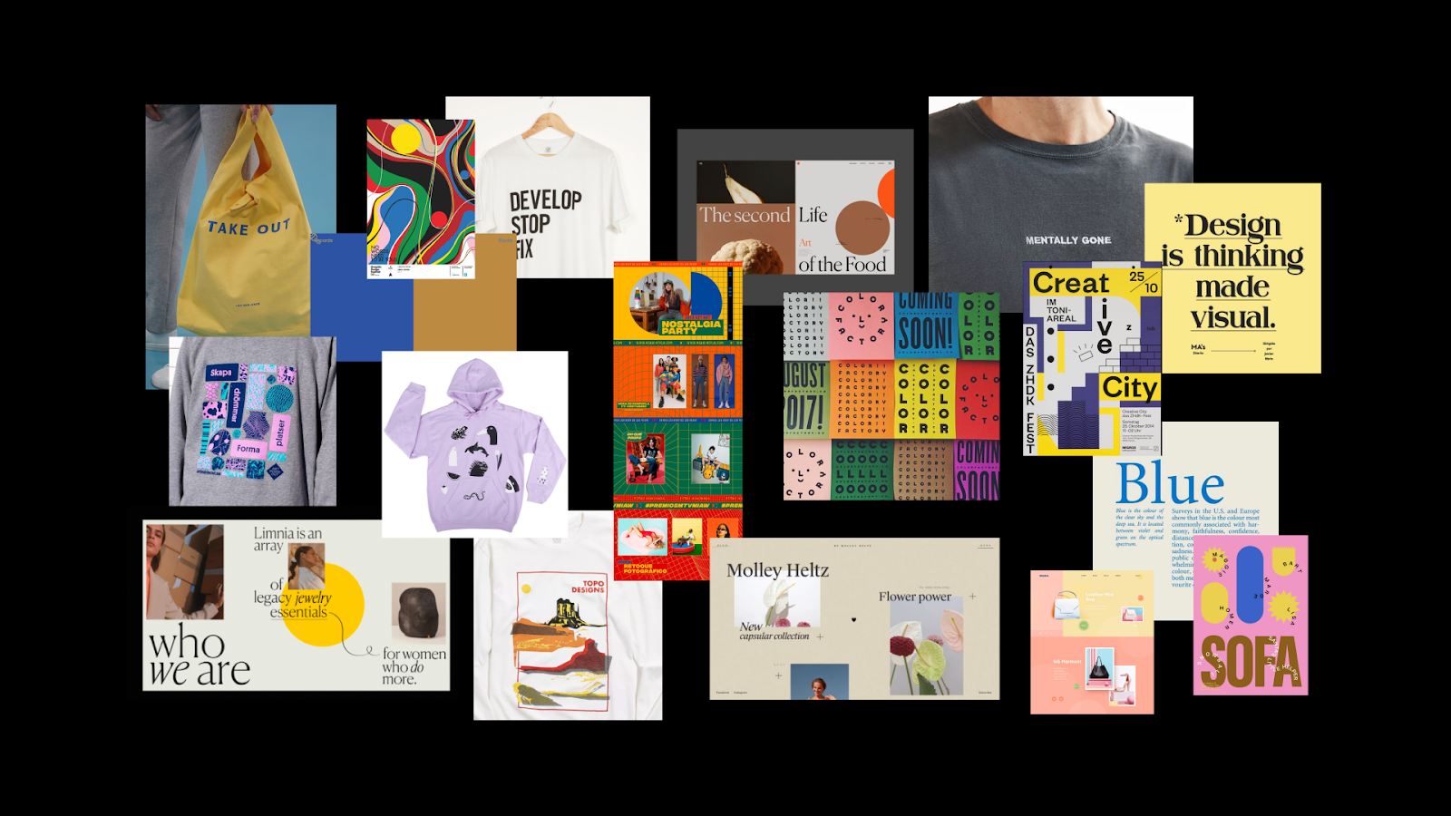 Various images of shirts, posters, and tote bags with different elements of typography, colors, and designs. A moodboard for inspiration for Webflow's merch store.