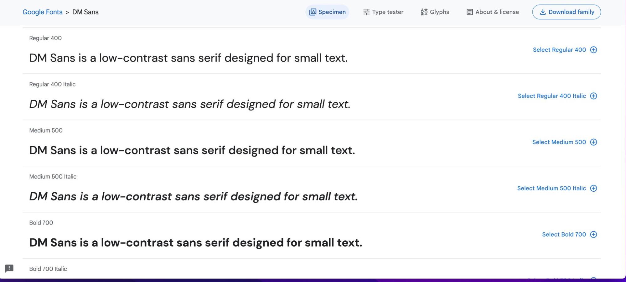 Text “DM Sans is a low-contrast sans serif designed for small text.” shown in different DM Sans styles on Google Fonts.