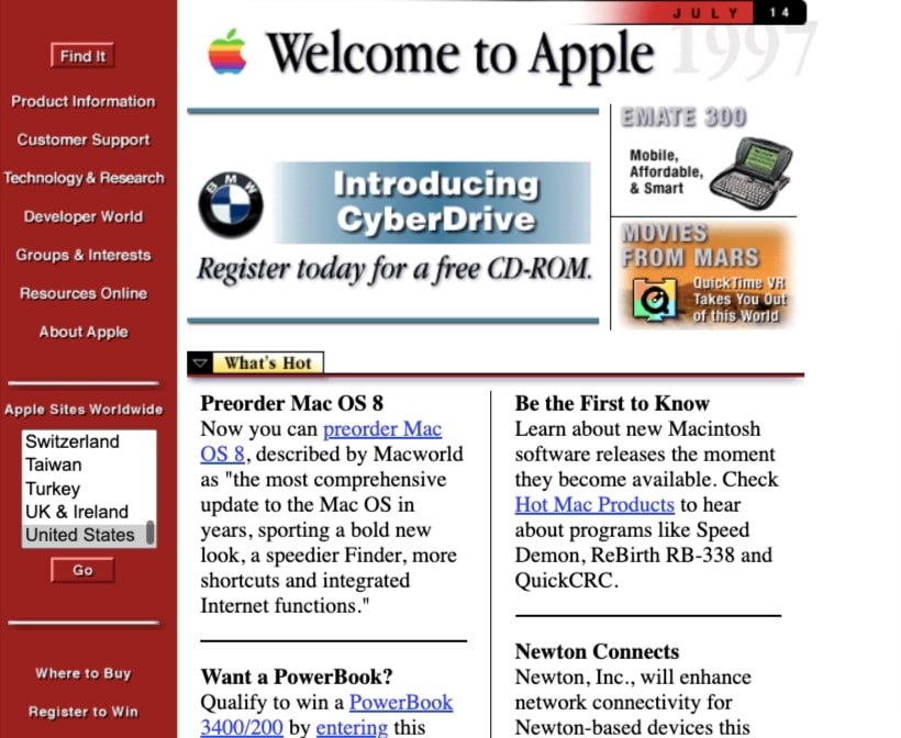 An image of the 1997 Apple.com website.