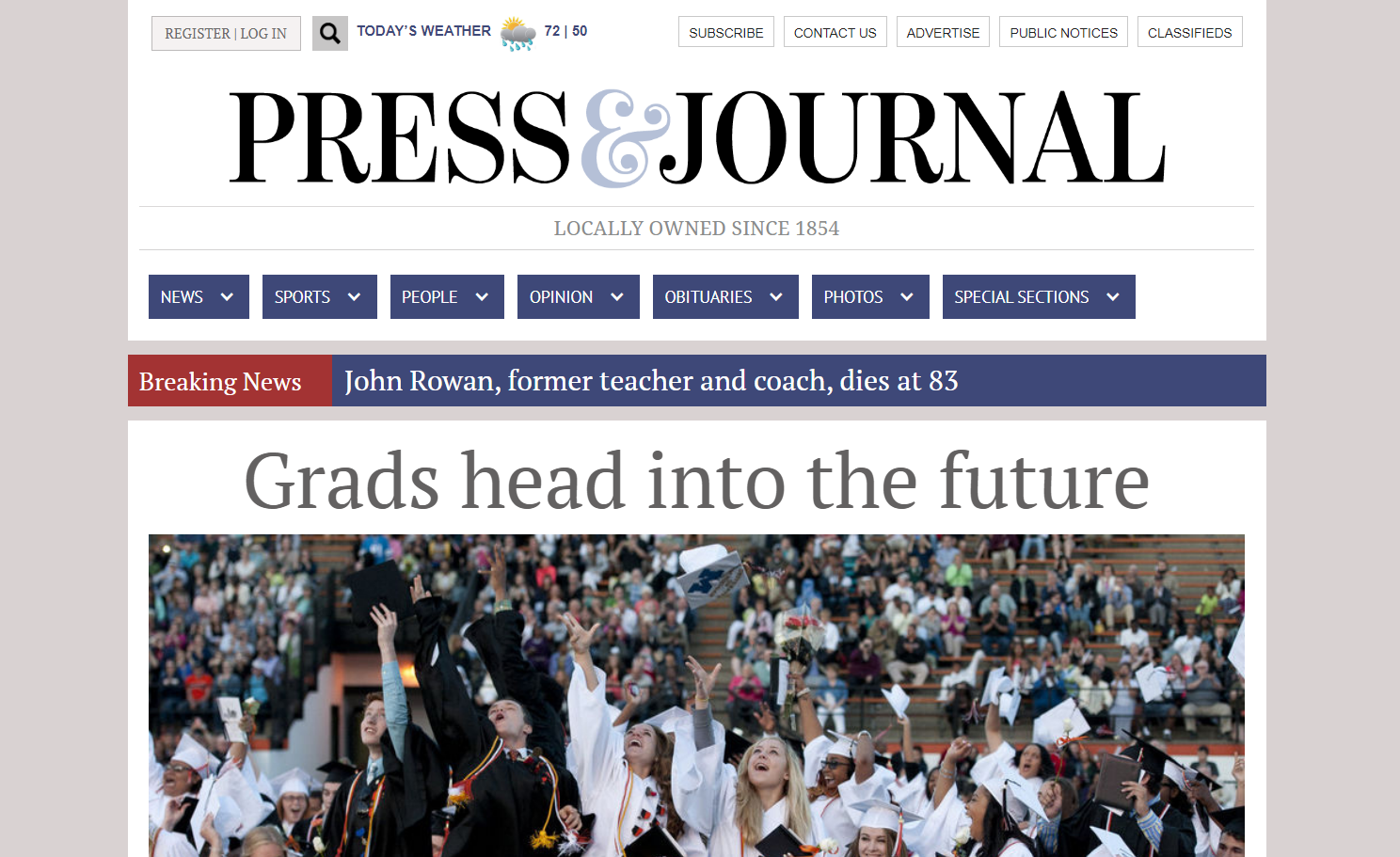Press & Journal webpage showing an article with the headline “Grads head into the future,” followed by an image of graduating students tossing their graduation caps into the sky.