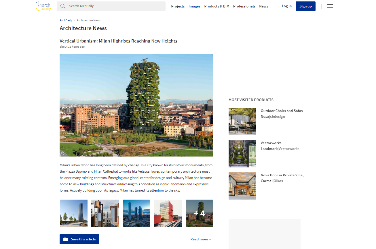 Architecture News page showing an article titled “Vertical Urbanism: Milan Highrises Reaching New Heights.”