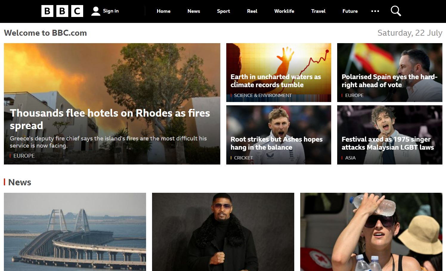 BBC News homepage showing articles arranged in a large grid format.