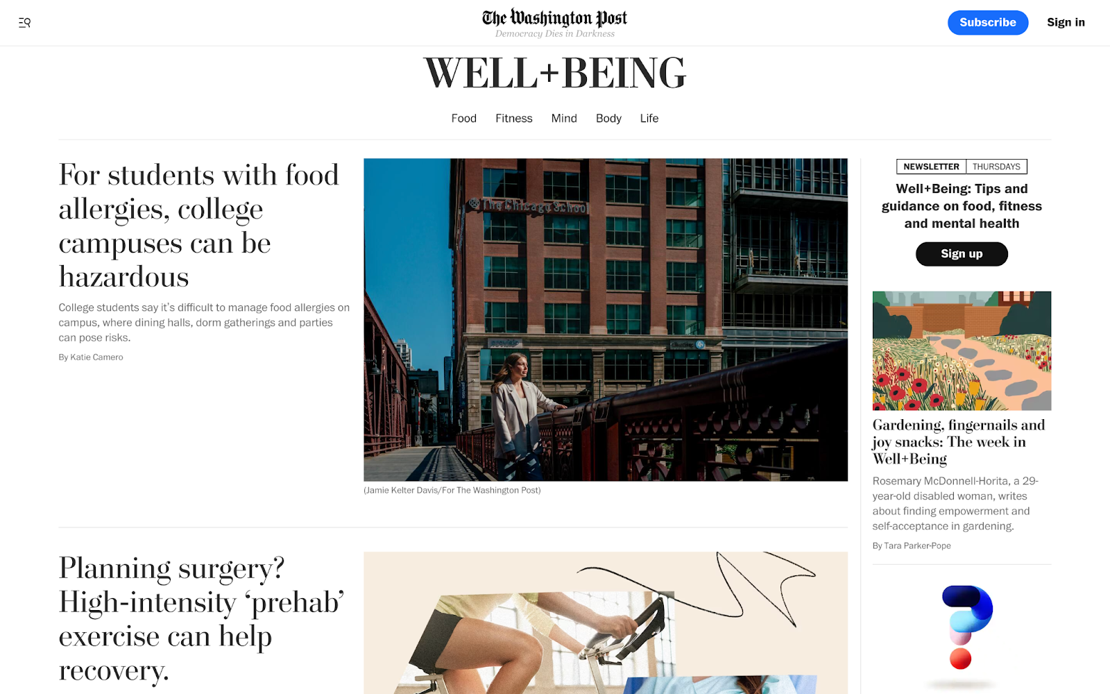 The Washington Post Well+Being page showing two articles in a column.