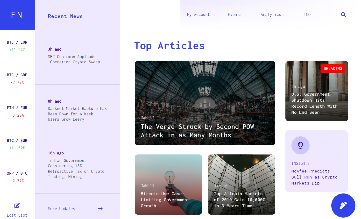 Finance News prototype homepage with three content columns. From left to right, the columns display cryptocurrency fluctuations, breaking news articles, and top articles.