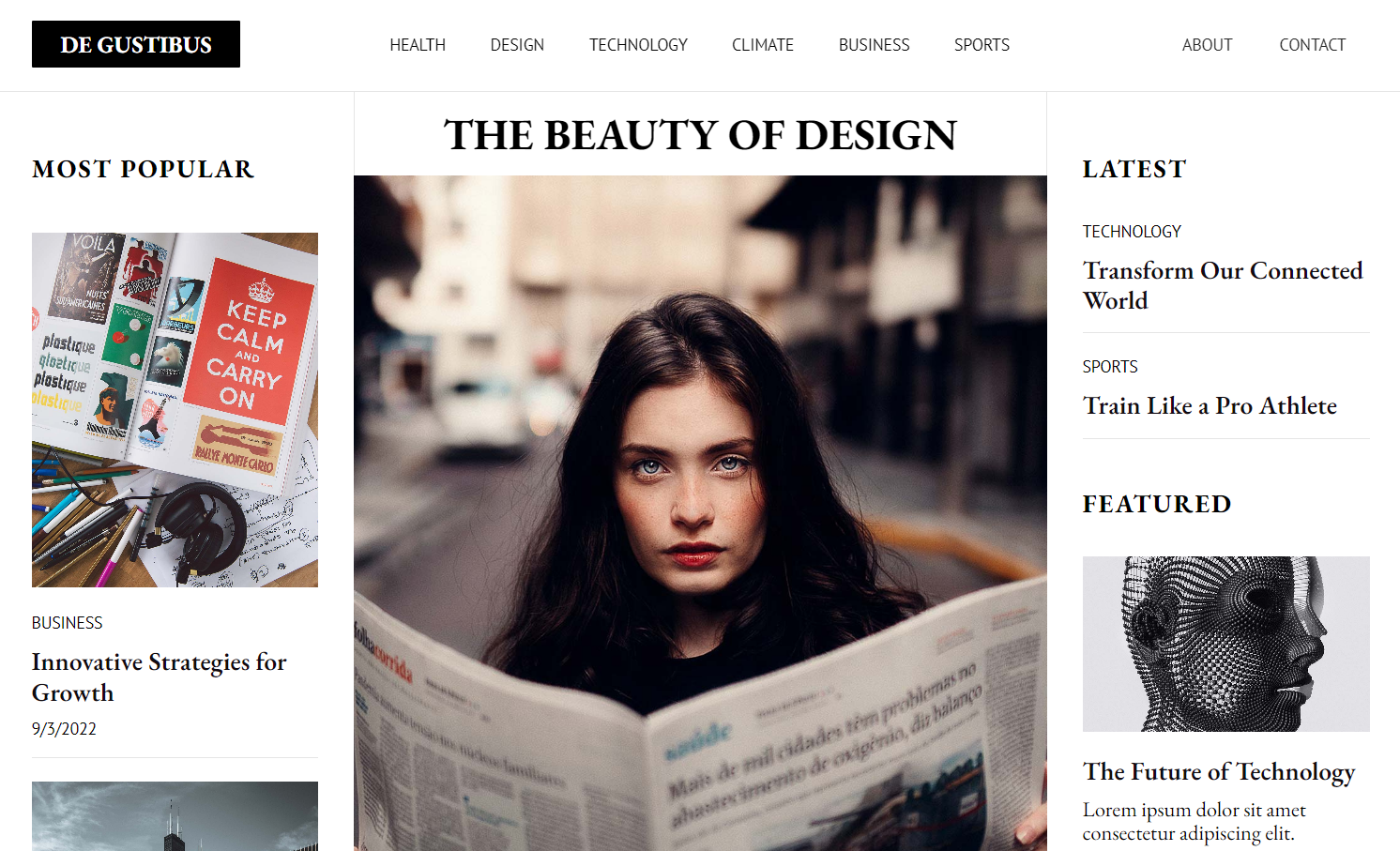 De Gustibus news template homepage with three columns of content. From left to right, the columns show the most popular articles, a feature article, and the latest articles.