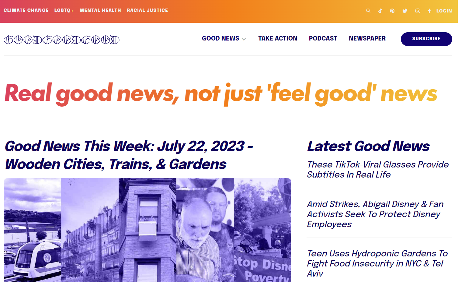 Good Good Good news homepage with a header saying “Real good news, not just ‘feel good’ news.”