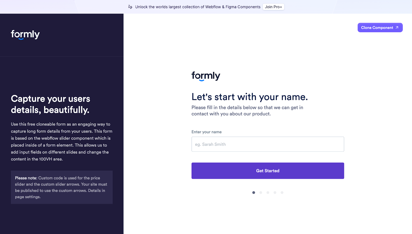 Flowbase’s Onboarding Form has natural language statements like “Let’s start with your name” with an input field and a purple action button.