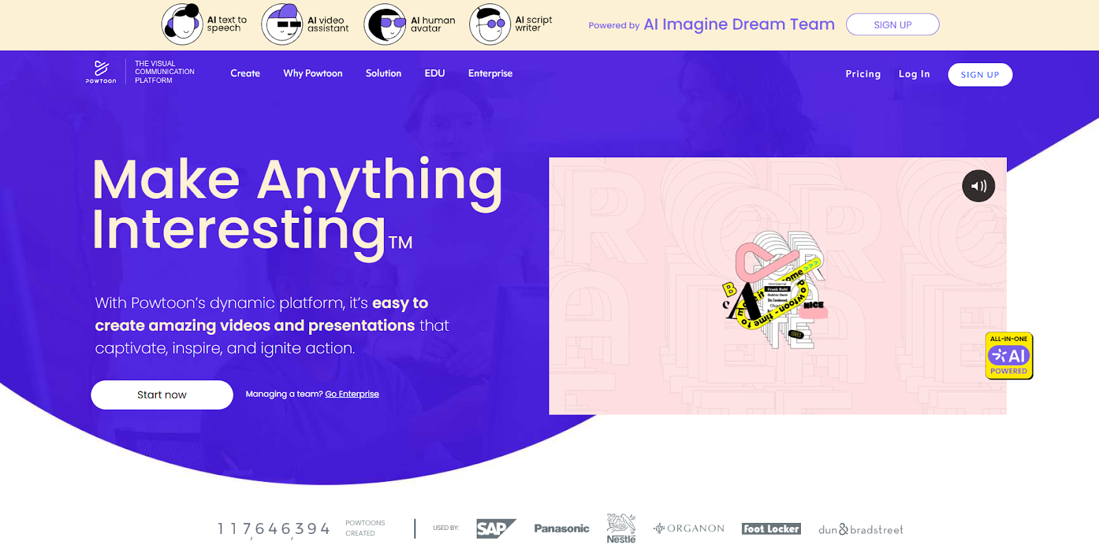 The Powtoon homepage has a video showcasing some animations made with it beside the headline “Make Anything Interesting.”