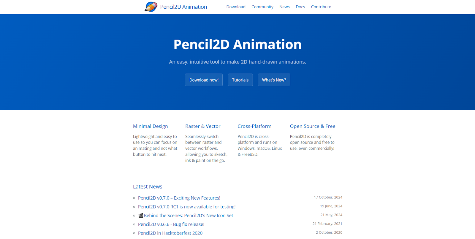 The Pencil2D homepage has a simple blue banner behind the words “An easy, intuitive tool to make 2D hand-drawn animations.”