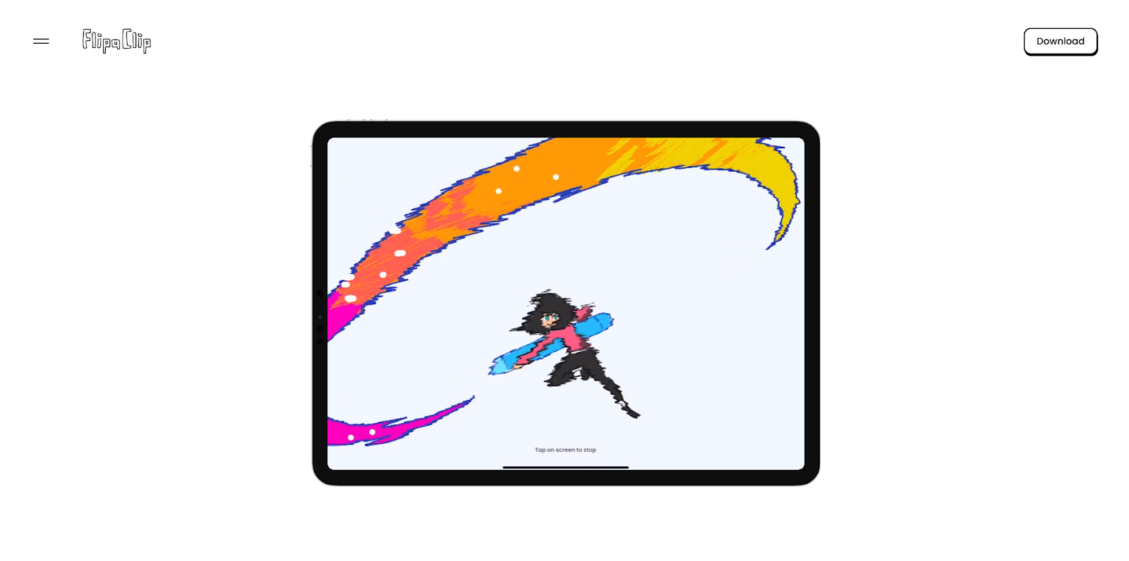 The FlipaClip homepage showcases an animation made with the app, a person swinging a pencil across the screen and creating a colorful wave.