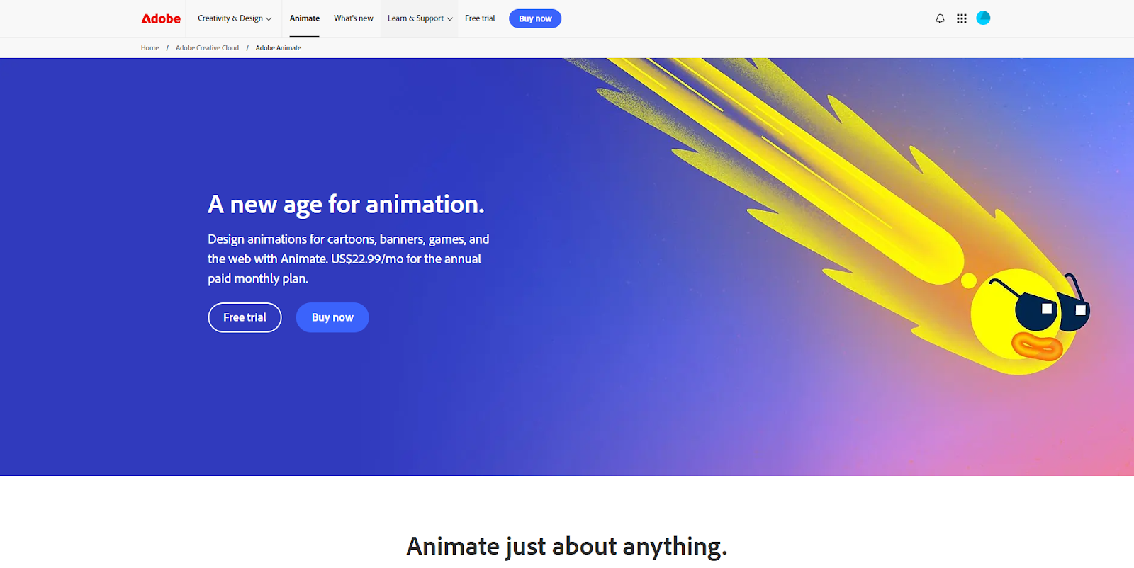 The Adobe Animate landing page has an illustration of a comet wearing sunglasses beside the headline “A new age for animation.”