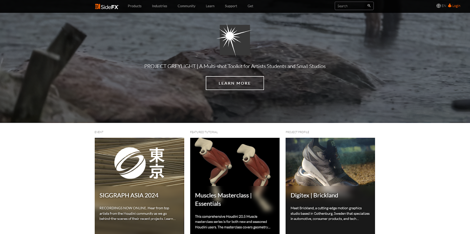 The Houdini landing page highlights an event, tutorial, and project made with the tool below a video reel of photorealistic animations.
