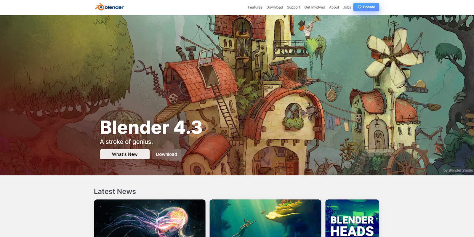 The Blender homepage begins with a still image of a fantastical homepage behind the headline “Blender 4.3: A stroke of genius.”