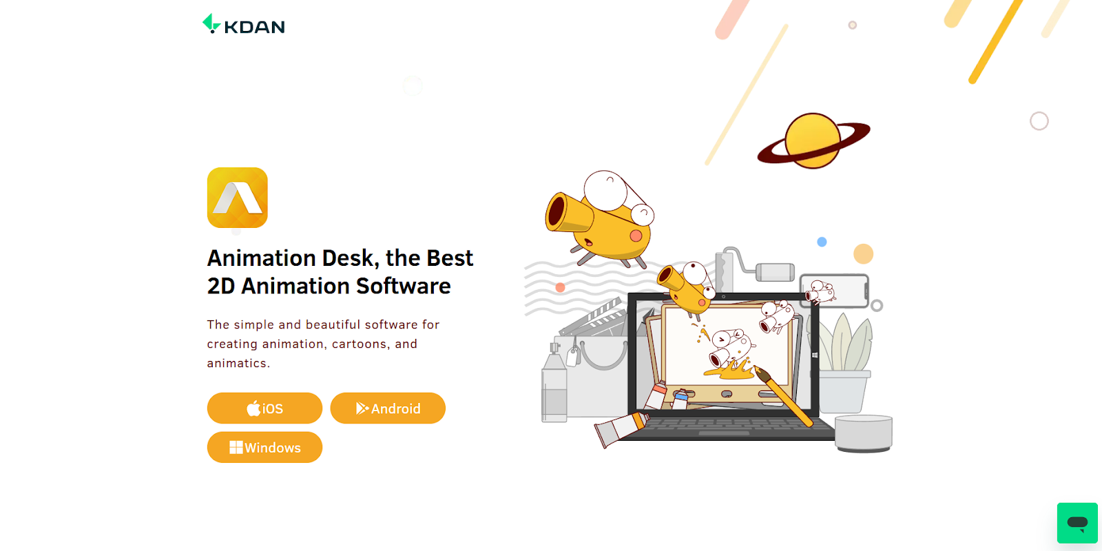 The Animation Desk landing page shows a laptop with a quirky cartoon character escaping the screen next to the headline “Animation Desk, the Best 2D Animation Software.”