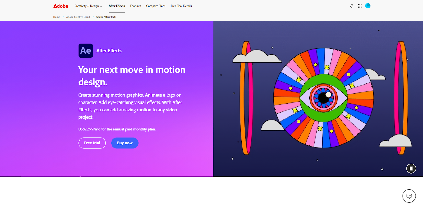 The Adobe After Effects landing page has an image of a colorful eye in a night sky beside the headline “Your next move in motion design.”