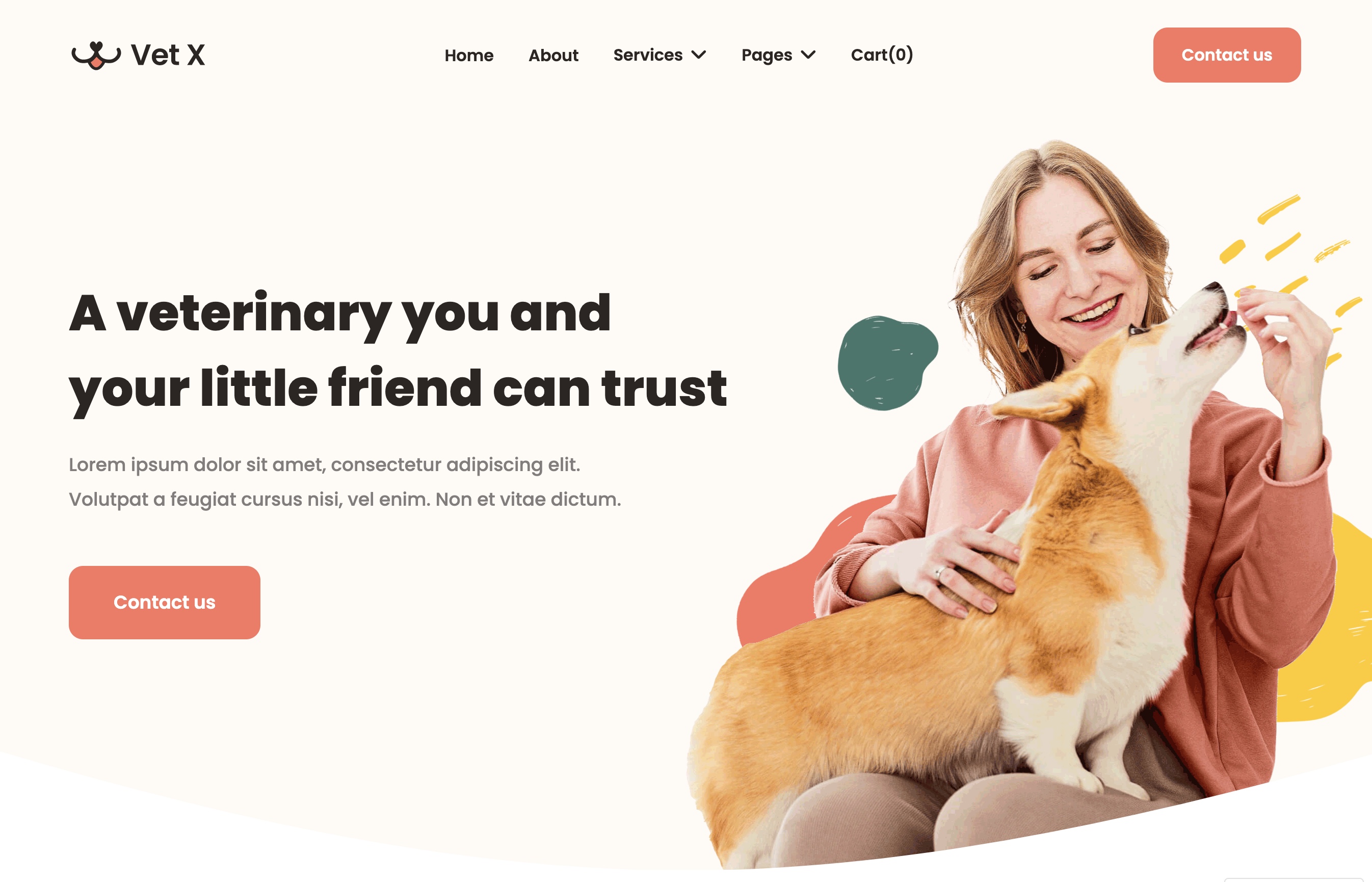 The Vet X template by BRIX templates. It features bright colors on a muted beige background with a prominent H1 and CTA.