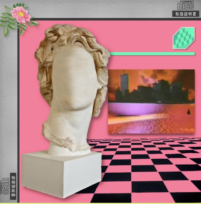 The album cover for 2011 album, Macintosh Plus. It features a faceless roman bust with bright neon colors in the background, a photo of the New York city skyline, and different graphics like flowers and shapes.