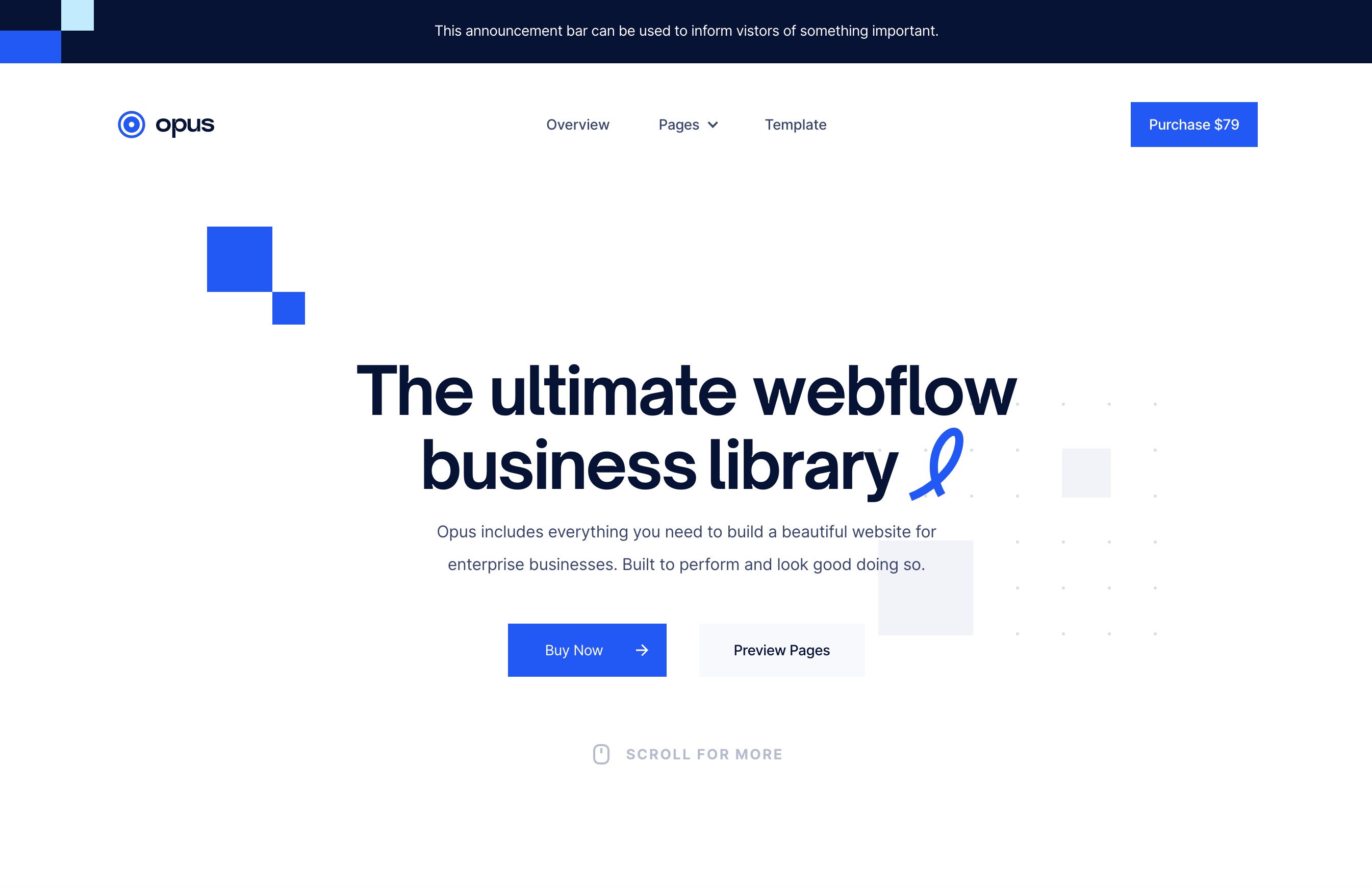 An image of the Opus website template by Flowbase. It features a prominent H1, an announcement bar above, and a simple navigation