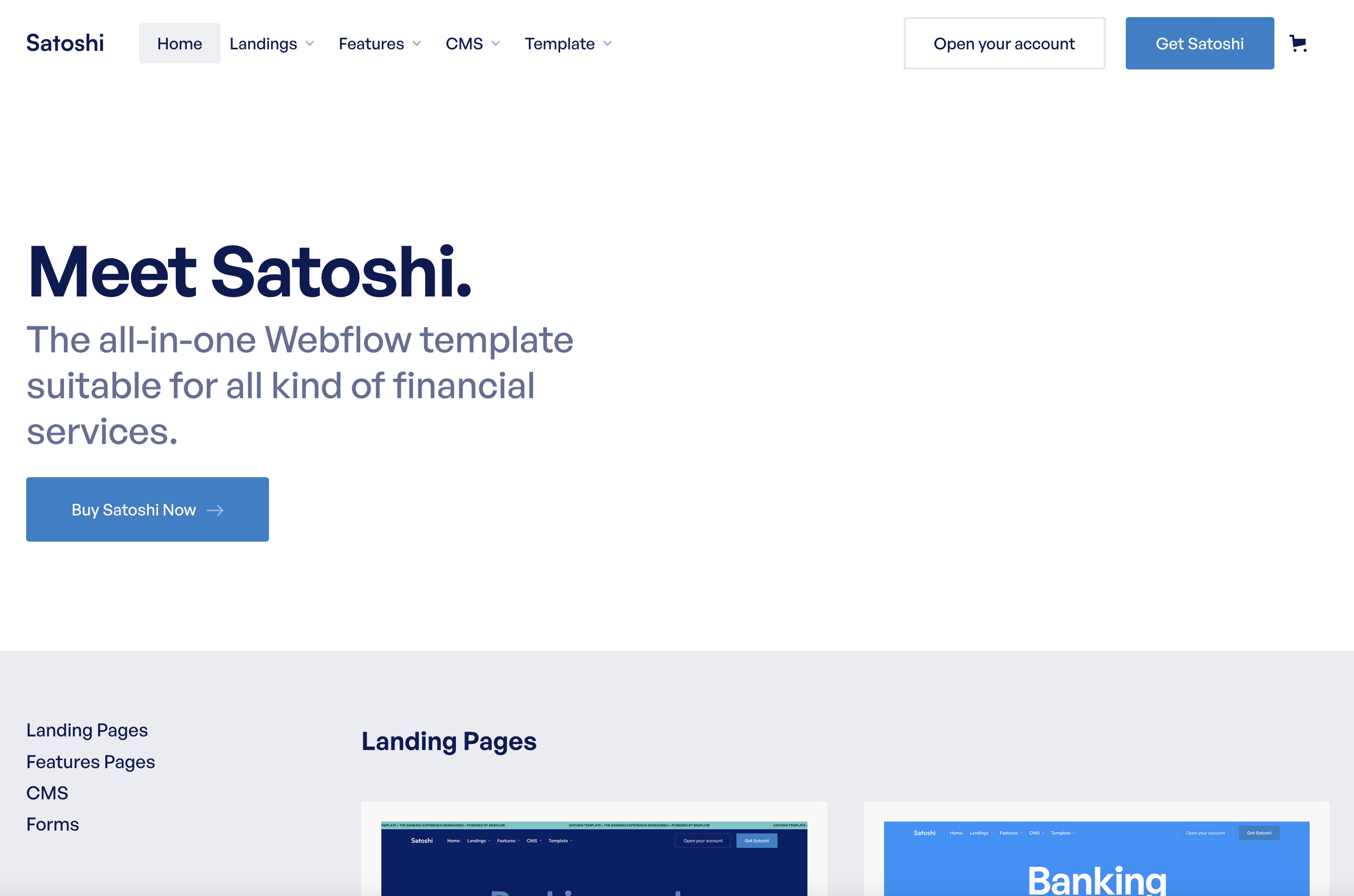 An image of the Satoshi website template. It features lots of white space with a headline, subhead, and CTA on the left hand side. Above, there is a simple navigation and another CTA.d