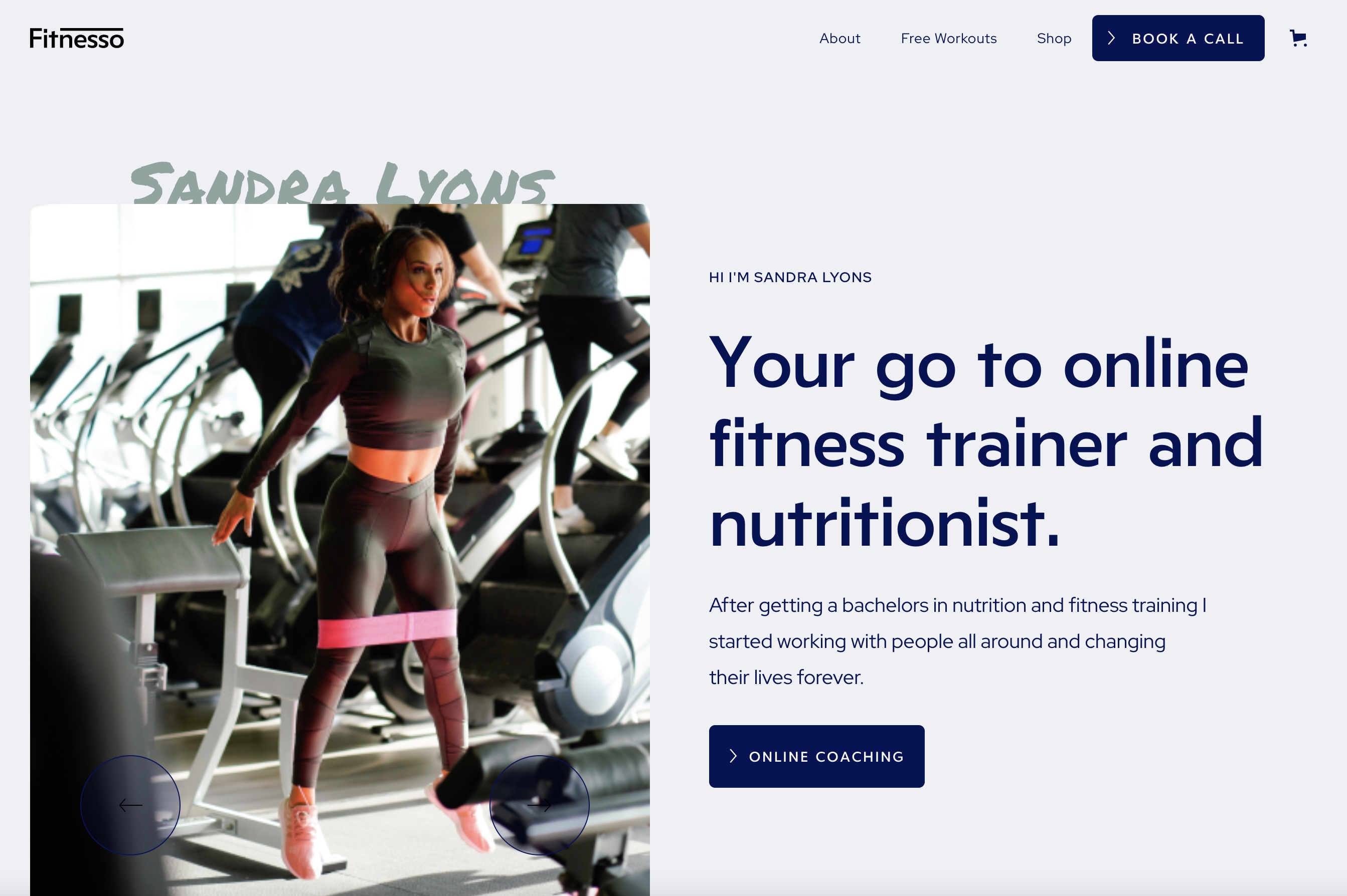 The Fitnesso website template. The headline reads "Your go to online fitness trainer and nutritionist."