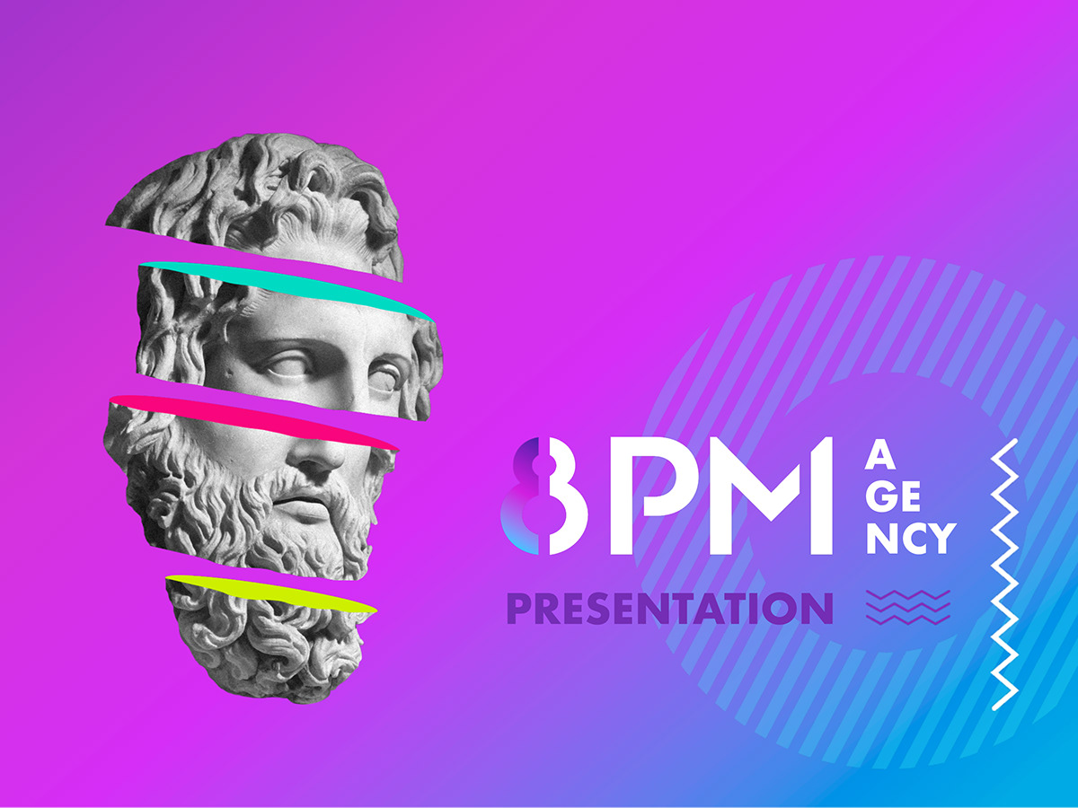An agency website created by Behance user INGA. It shows a the head and face of a roman sculpture split up into 4 pieces. Next to it, the heading reads "8 PM Agency Presentation."
