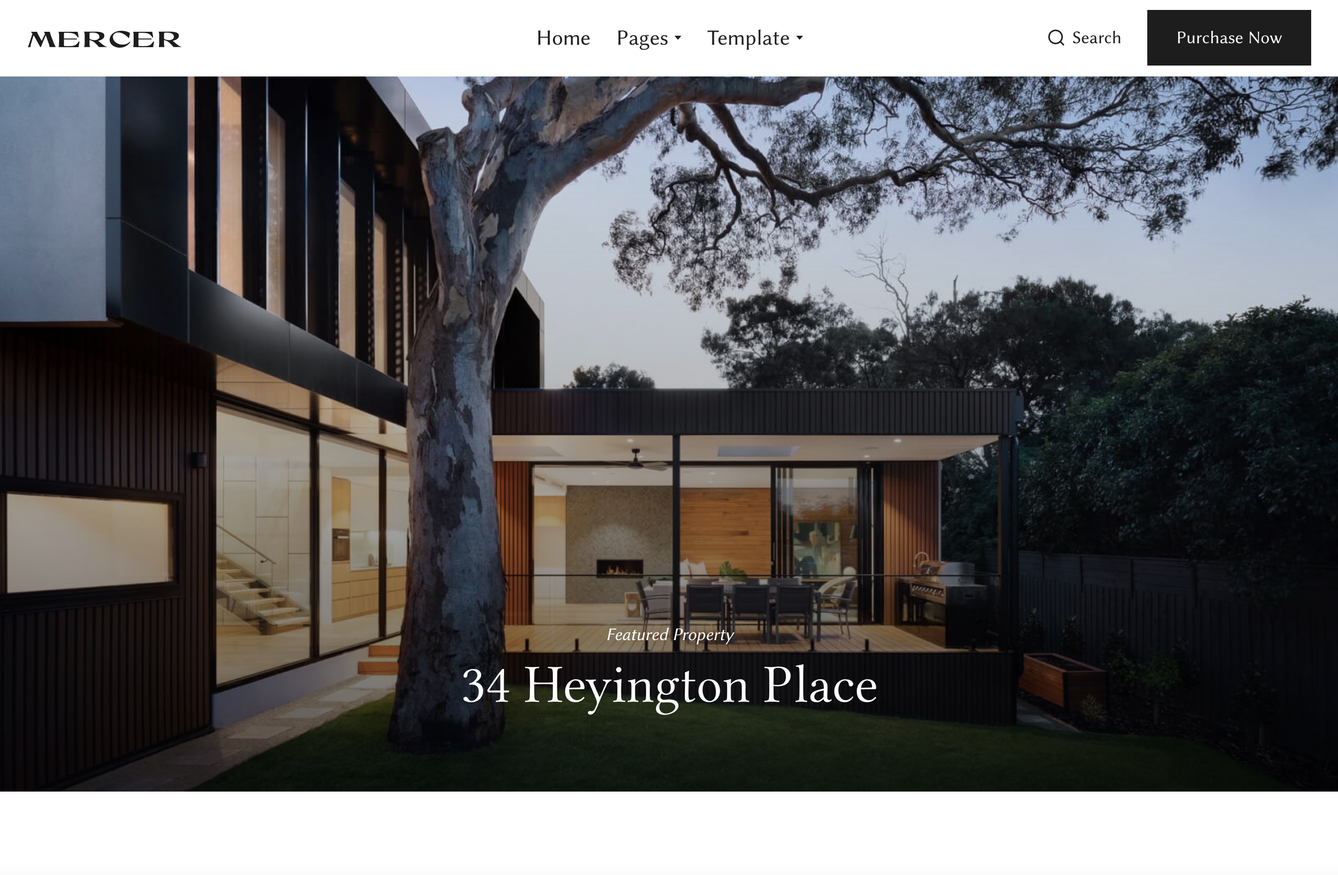 An image of the Mercer template by Medium Rare. It features a large image, in this case, a modern house. Mercer — the headline — is in small font in the upper left hand corner.