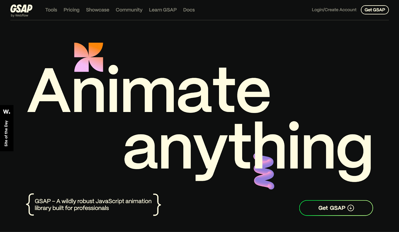 The GSAP homepage which features a bold headline “Animate anything"