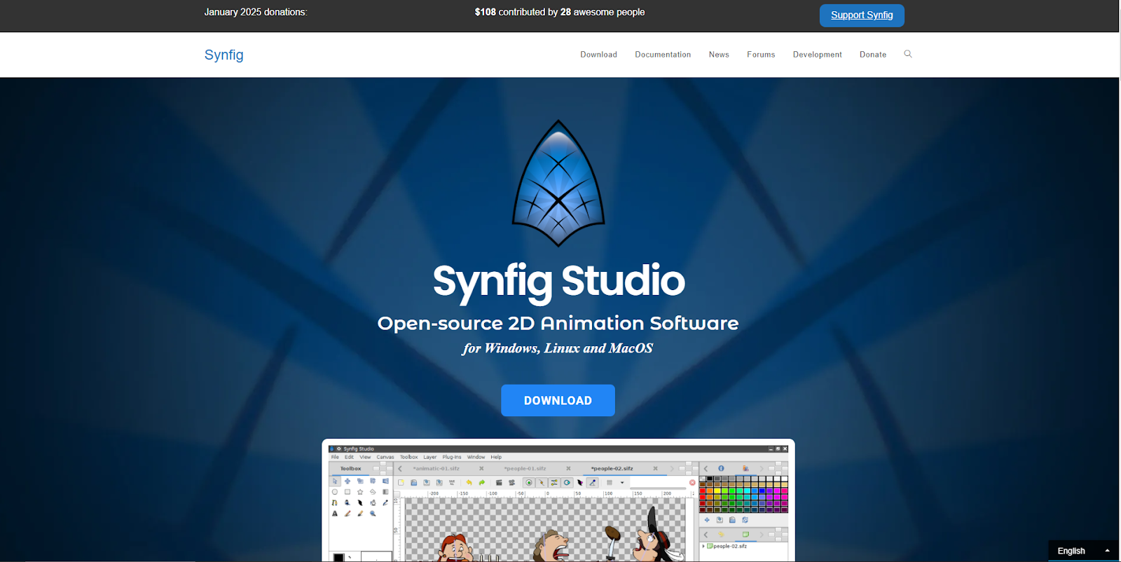 The Synfig Studio homepage begins with their logo, name, and download button, and an image showing their animation software in action.