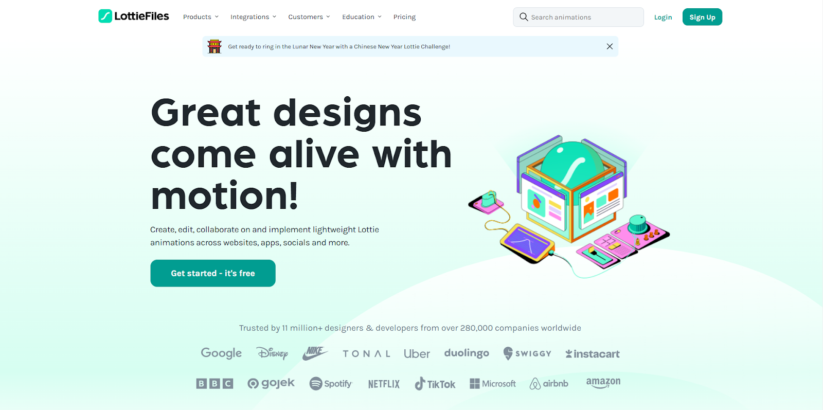 The LottieFiles homepage shows an image of devices interacting with a 3D website next to the headline “Great designs come alive with motion!”