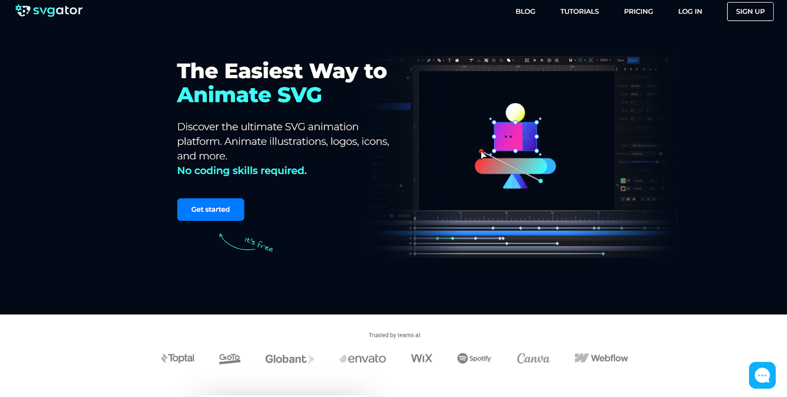 The SVGator homepage begins with the headline “The Easiest Way to Animate SVG” and a demonstration of the software in action.