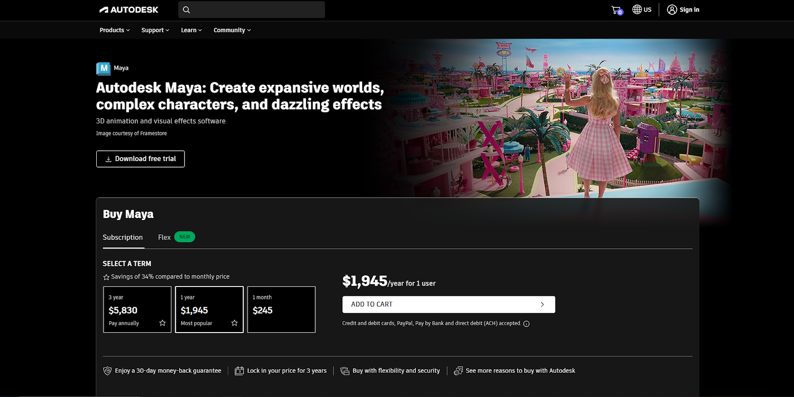 The Autodesk Maya product page shows a still from the Barbie movie next to the headline “Create expansive worlds, complex characters, and dazzling effects.”