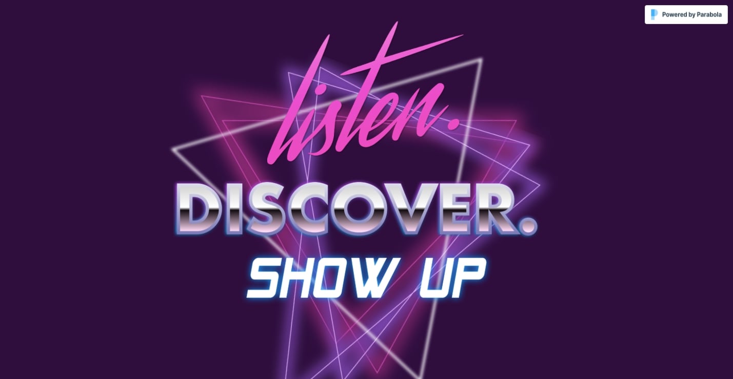 An image of the Discover Local Music site. With overlapping triangles in the background, the heading in the foreground reads "Listen. Discover. Show Up" in varying fonts. The background is a deep purple color.