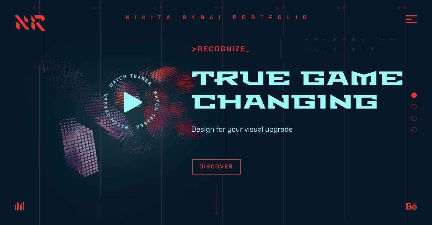 An image of Nikit Rybai's portfolio. It features the heading "True Game Changing" with the subhead "Nikita Rybai portfolio." in futuristic font.a