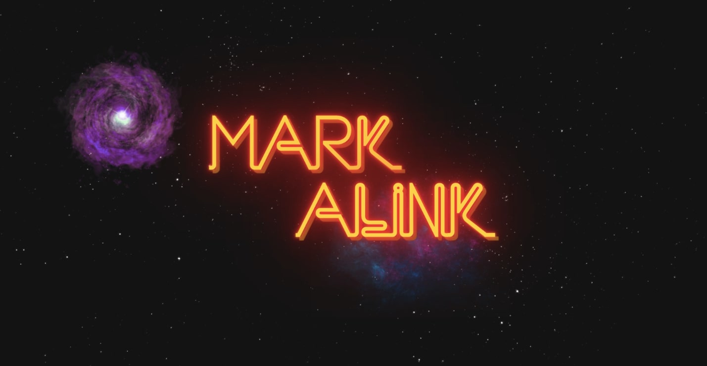 An image of Mark Alink's website. It spells out "Mark Alink" as the header with space as a background.