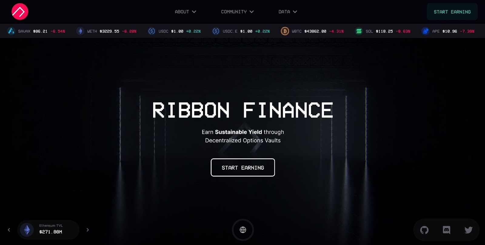 An image of the Ribbon Finance site. On a simple black background, It reads "Ribbon Finance" with the subhead "Earn sustainable yield for decentralized options vaults." The CTA reads "Start Earning."