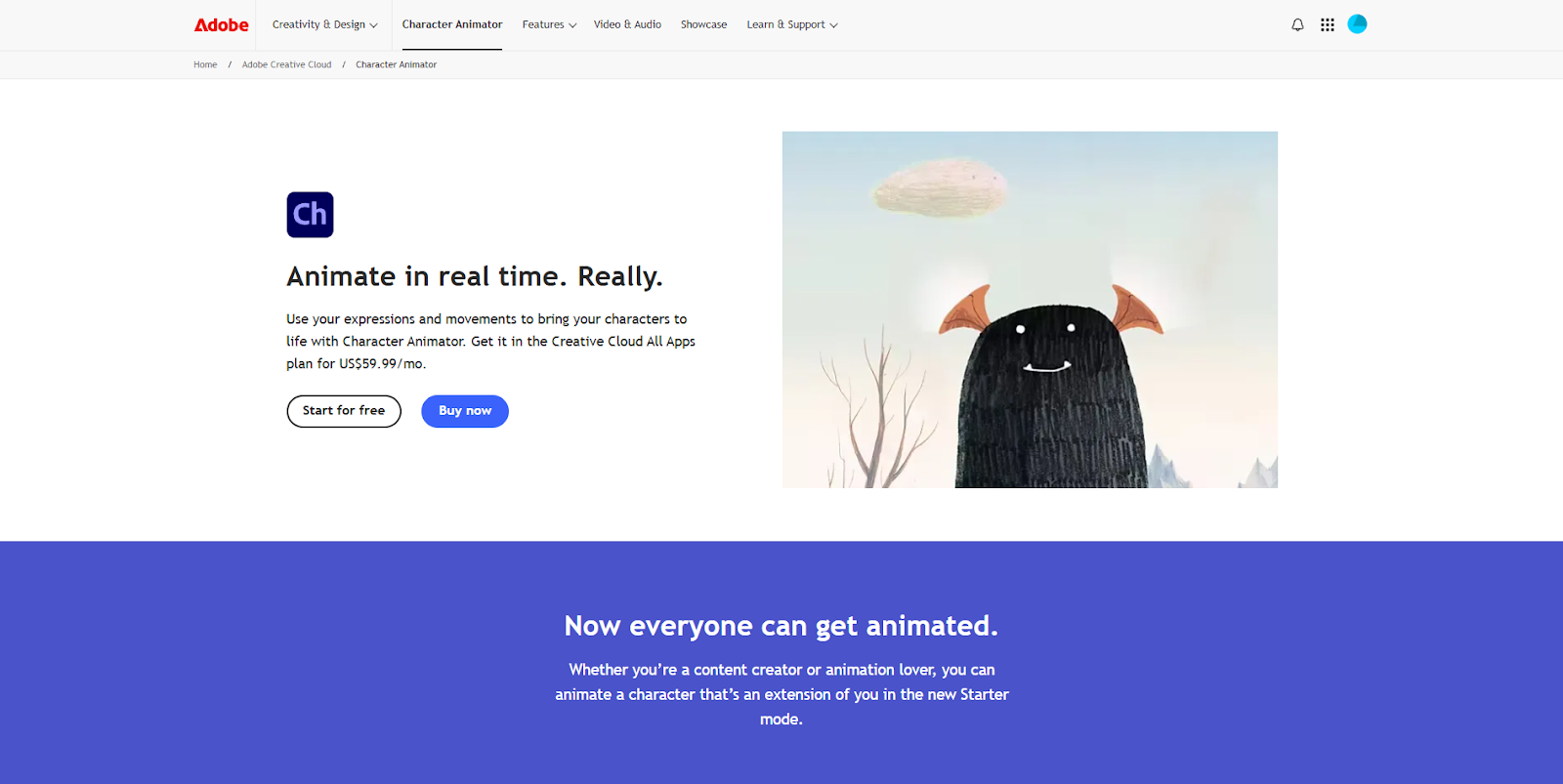 The Adobe Character Animator landing page has a basic sketch of a smiling monster next to the headline “Animate in real time. Really.”