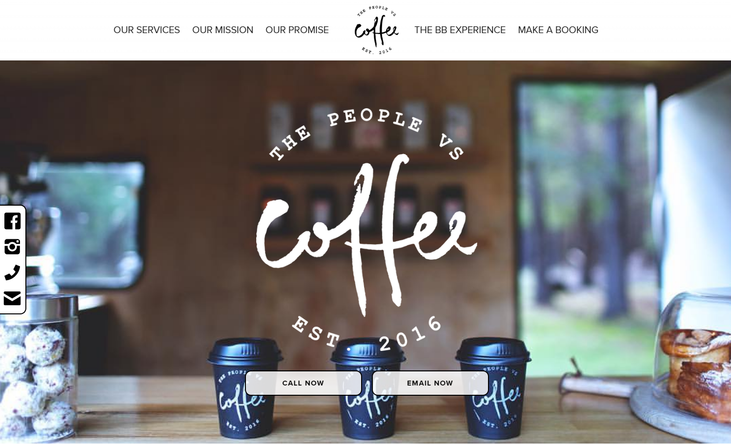 The People vs. Coffee landing page, showing the logo and two call-to-action (CTA) buttons over a background photo of three to-go coffee cups and baked goods on a counter.