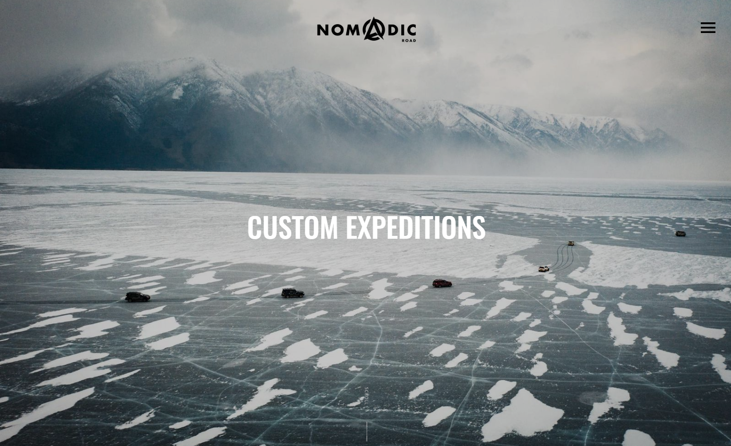 Nomadic Road custom expeditions page showing a train of offroad vehicles driving across frozen Lake Baikal.