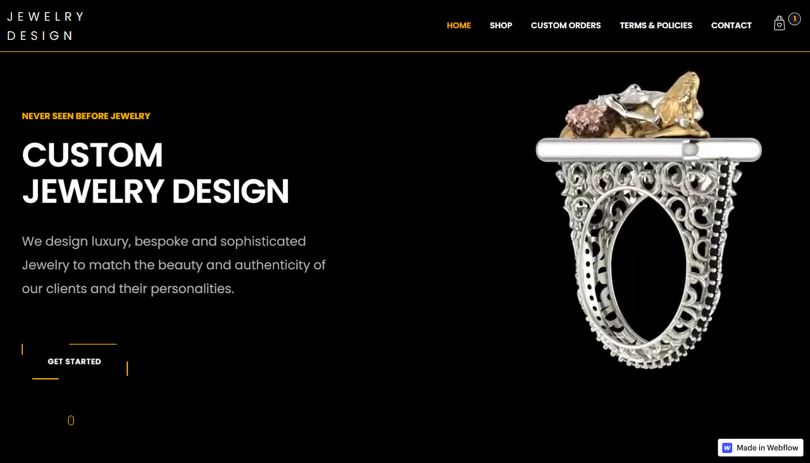 Custom Jewelry Design homepage showing the headline “Custom jewelry design” against a black background. A ring with an elaborately wrought band and a woman lying on the top floats on the right-hand side.
