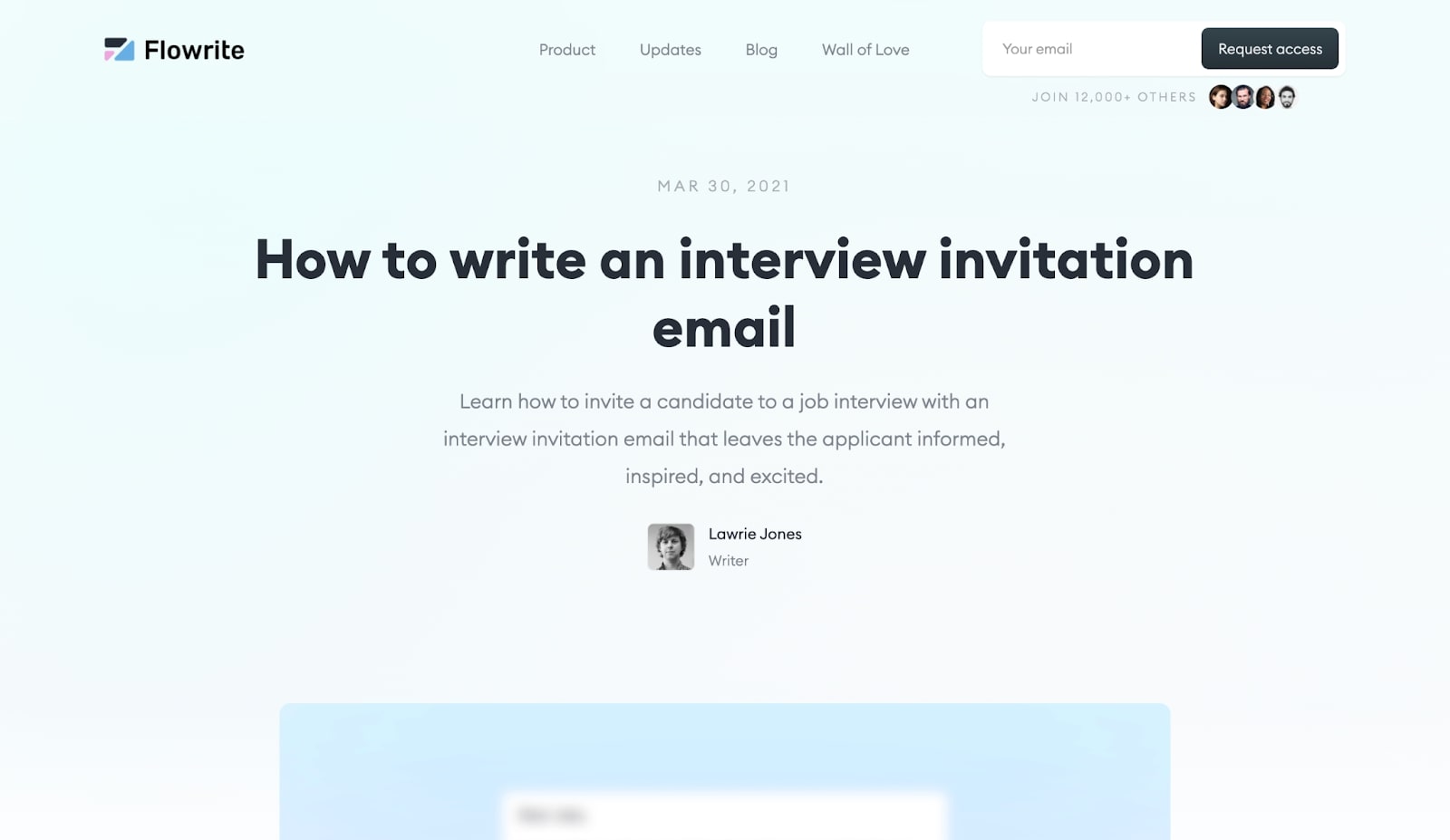 An image of a Flowrite blog post. The blog post is titled "How to write an interview invitation email"