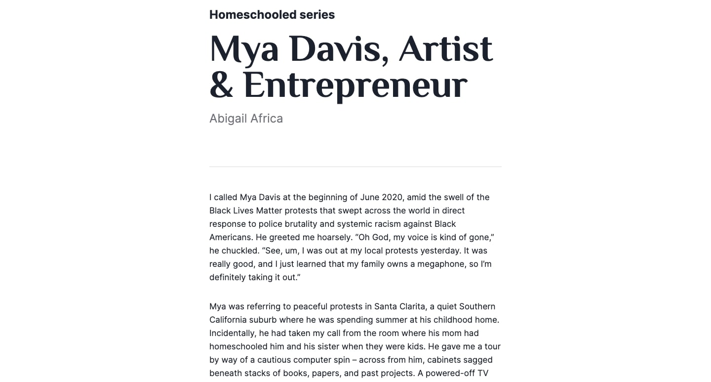 A view of a blog post on the Primer website. This one features Mya Davis, an artist and entrepreneur.