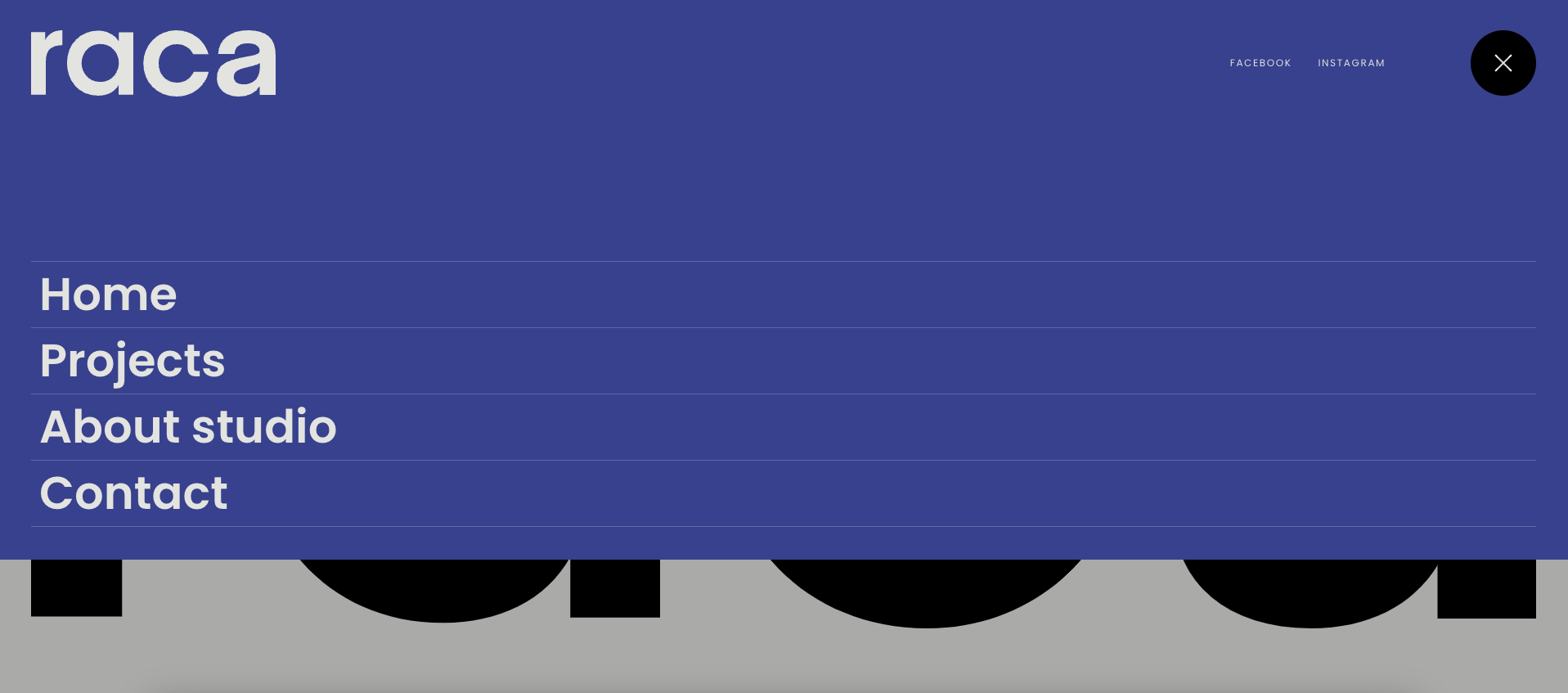 A screenshot of Raca Design Studio’s purple menu design, with white text and a collapsible button in the top right corner.