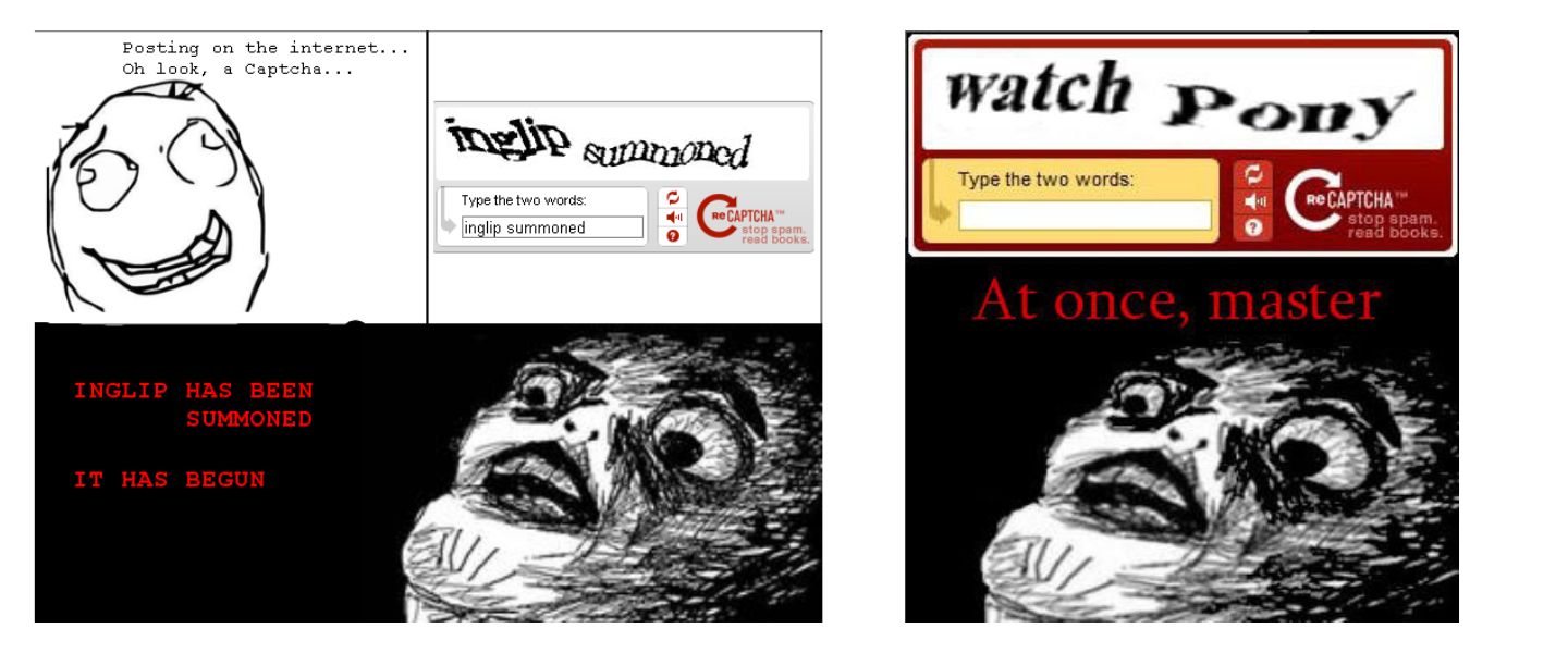 Two examples of Inglip CAPTCHA memes. 1. word pairing "inglip summoned" with Inglip drawing and text "inglip has been summoned. it has begun." 2. Word pairing "watch pony" with Inglip drawing and text at once, master"