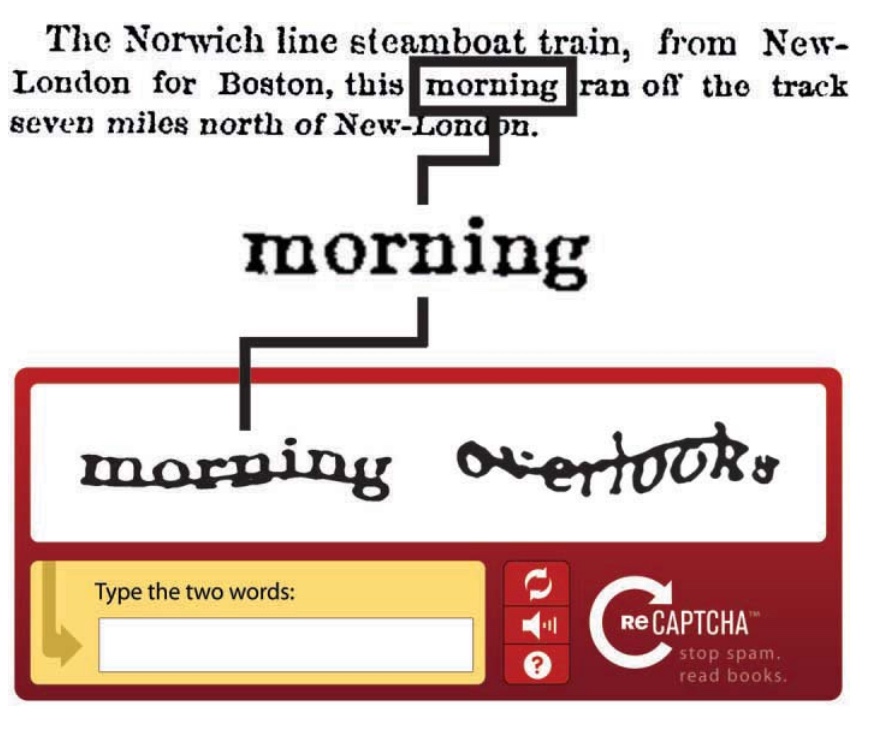 Example of a scanned text and the reCAPTCHA verification that would help decipher unrecognizable words.